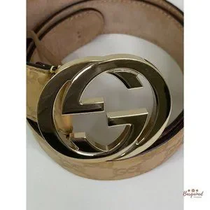 Auth Gucci Brown/Beige Guccissima Leather Gold Interlocking G Buckle Belt 80/32 Gucci Metallic Guccissima Signature Interlocking G 40mm Belt  main image 4